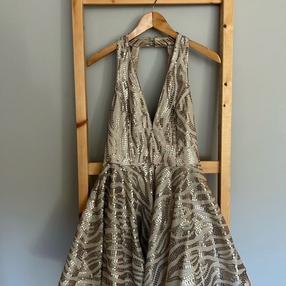 BeBe Sequin Fit & Flare Dress, Beige with Pewter Sequins - Picture 5 of 6